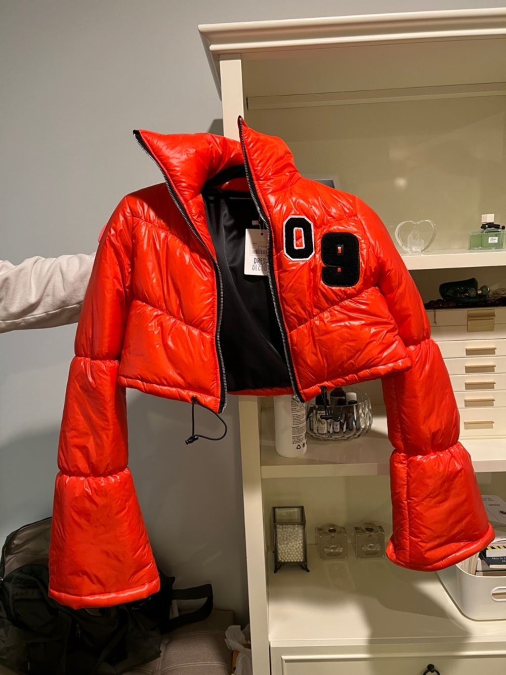 LF Orange Cropped Puffer Jacket with Number Patch